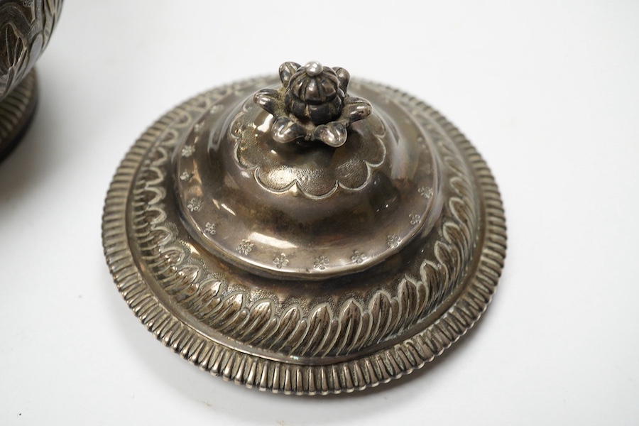 An 18th century French white metal baluster pot and cover, indistinct marks, height 16cm, 10.8oz. Condition - fair